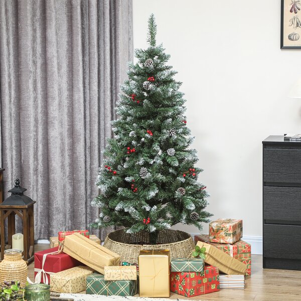 HOMCOM Brad de Crăciun Înnzăpezit Înalt de 150 cm cu 398 Ramuri, Brad Artificial de Interior cu Conuri și Boabe Roșii Decorative, Bază Metalică, Verde | Aosom Romania
