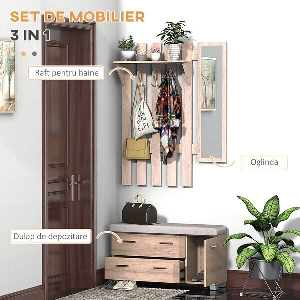 HOMCOM Dulap Pantofi 3 in 1, cu Cuier si Oglinda, Sertare Spațioase, Scaun Rezistent, 90x24x116 cm | Aosom Romania