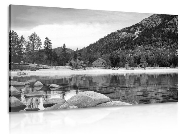 Tablou lac de munte în natura scenică alb-negru
