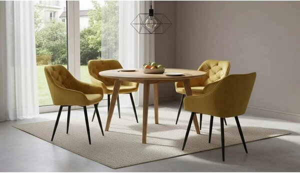 Scaun tapitat K418, galben mustar/negru, stofa clasica/metal, 56x65x81
