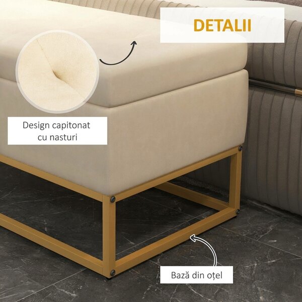 HOMCOM Bancă de Depozitare Rectangulară cu Șezut Căptușit și Picioare din Oțel, 110x44x49 cm, Bej | Aosom Romania