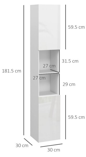 Kleankin Dulap de Baie Înalt Slim 181,5 cm cu Rafturi Deschise și 2 Dulapuri, 30 x 30 x 181,5 cm, Alb | Aosom Romania