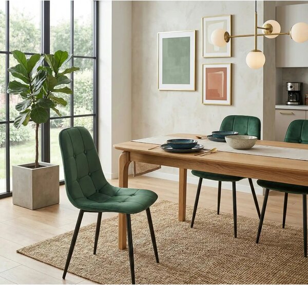 Scaun tapitat K417, verde/negru, stofa catifelata/metal, 46x56x87 cm