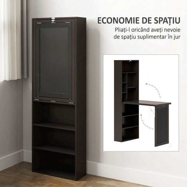 HOMCOM Birou Modern Pliabil cu Bibliotecă și Tablă, din Lemn și Metal, 98x51x153 cm, Maro | Aosom Romania