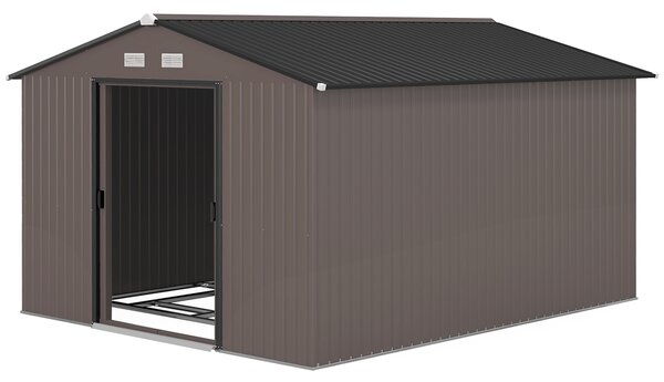 Outsunny Magazie de Grădină 8.3m² din Oțel Zincat, Uși Duble Glisante, 277x322x192 cm, Maro | Aosom Romania