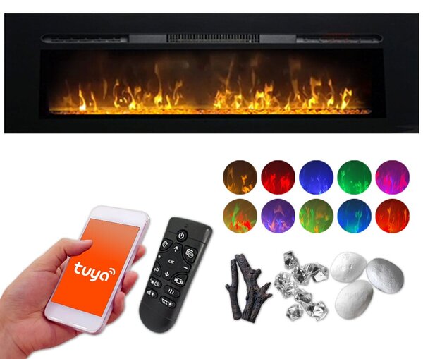 Semineu electric 3D ElectricSun PAULA GLASS negru MARE, pe perete, podea sau incorporabil, cu sunet, 10 culori, Wi-Fi cu APP internet, L183xH45cm