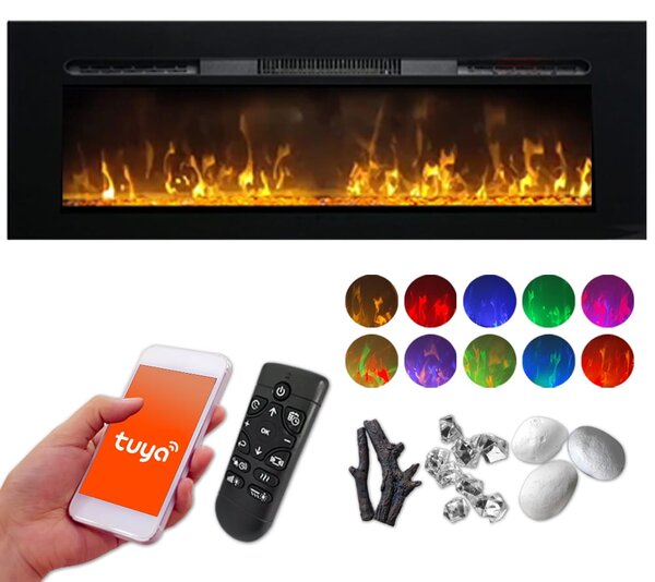 Semineu electric 3D ElectricSun PAULA GLASS negru Mediu, pe perete, podea sau incorporabil, cu sunet, 10 culori, Wi-Fi cu APP internet, L153xH45cm