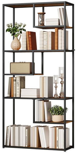 HOMCOM Bibliotecă Mobilă cu 7 Nivele din Lemn și Oțel în Stil Industrial, 83x34x180 cm, Maro | Aosom Romania