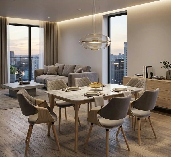 Scaun modern dining K396, stejar/gri, stofa catifelata/placaj, 56x55x7