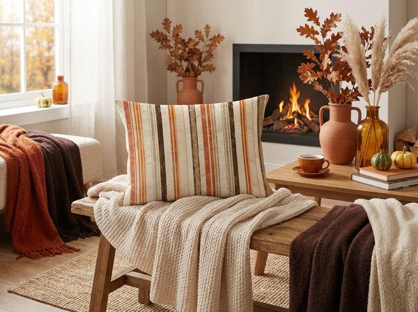 Fata de perna din flanel LEAVES & STRIPES 50x70 cm, colorat