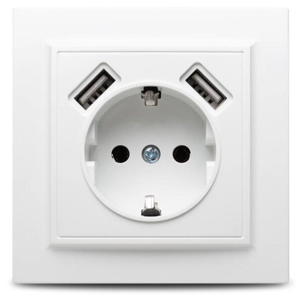 Priză USB 2.1A ELBI Racer Novelite Albă, Design Modern Standard German 1301-200, Încărcător Rapid Ideal Pentru Dormitor Birou Living Eficient