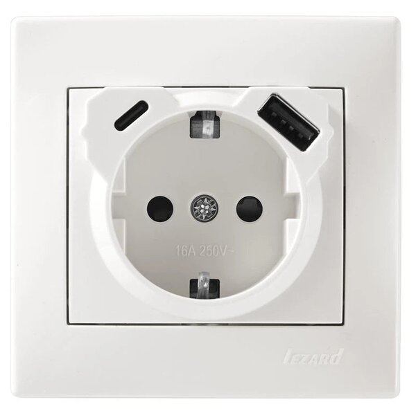 Priză Lezard Luca 16A cu USB Type-C și USB-A Albă, ideală pentru încărcare rapidă dispozitive mobile, design modern, instalare ușoară pentru casă