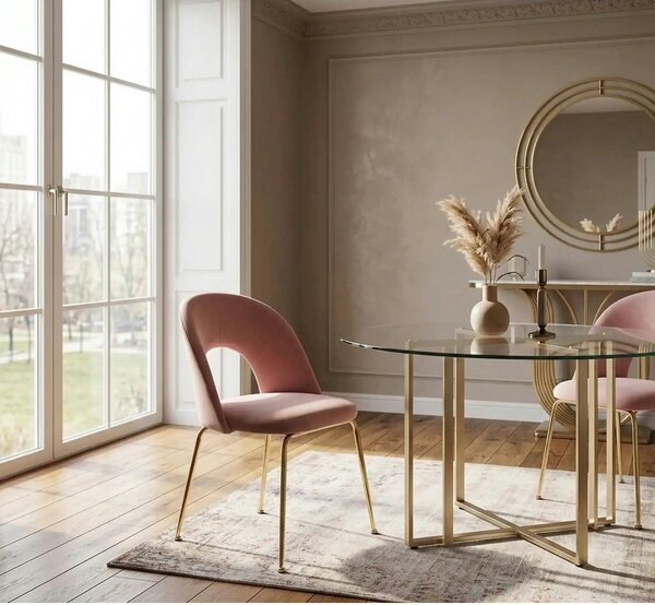 Scaun dining roz K385, roz deschis/auriu, stofa catifelata/metal, 54x5