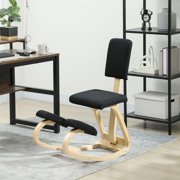 HOMCOM Scaun Ergonomic pentru Genunchi din Țesătură cu Aspect de In și Lemn de Mesteacăn, Negru | Aosom Romania