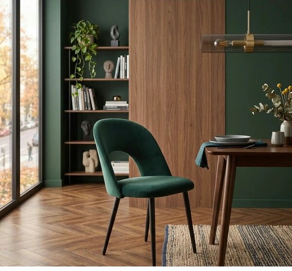 Scaun tapitat K384, verde/negru, stofa catifelata/metal, 54x57x84 cm