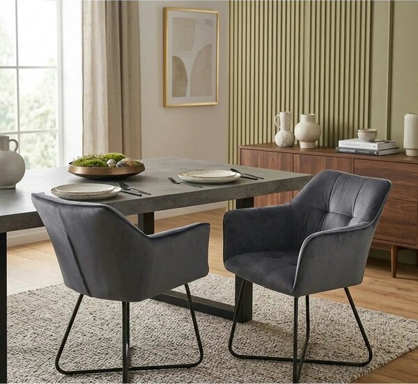 Scaun tapitat K377, gri inchis/negru, stofa catifelata/metal, 60x62x81