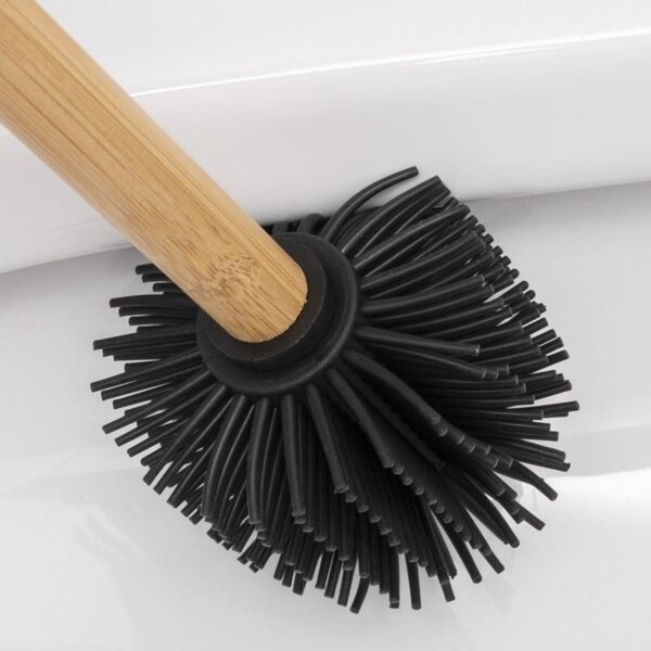 Erga Bambo, perie de toaletă cu cap din silicon și mâner din bambus, 34 cm, negru / bambus, ERG-YKA-V.WCZ BAMBO-SILKA