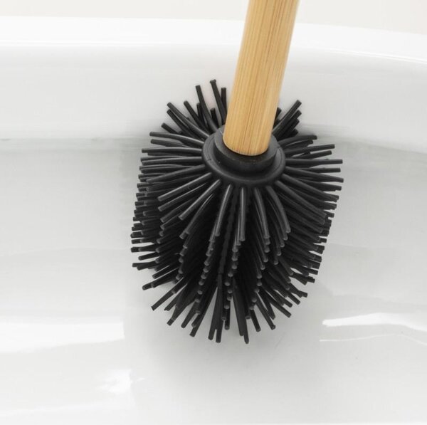 Erga Bambo, perie de toaletă cu cap din silicon și mâner din bambus, 34 cm, negru / bambus, ERG-YKA-V.WCZ BAMBO-SILKA