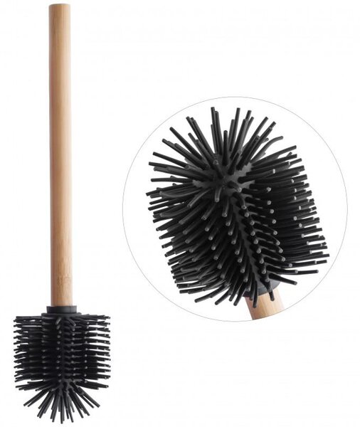 Erga Bambo, perie de toaletă cu cap din silicon și mâner din bambus, 34 cm, negru / bambus, ERG-YKA-V.WCZ BAMBO-SILKA