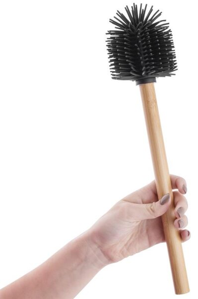 Erga Bambo, perie de toaletă cu cap din silicon și mâner din bambus, 34 cm, negru / bambus, ERG-YKA-V.WCZ BAMBO-SILKA