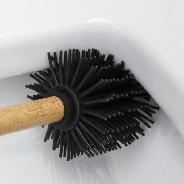 Erga Bambo, perie de toaletă cu cap din silicon și mâner din bambus, 34 cm, negru / bambus, ERG-YKA-V.WCZ BAMBO-SILKA