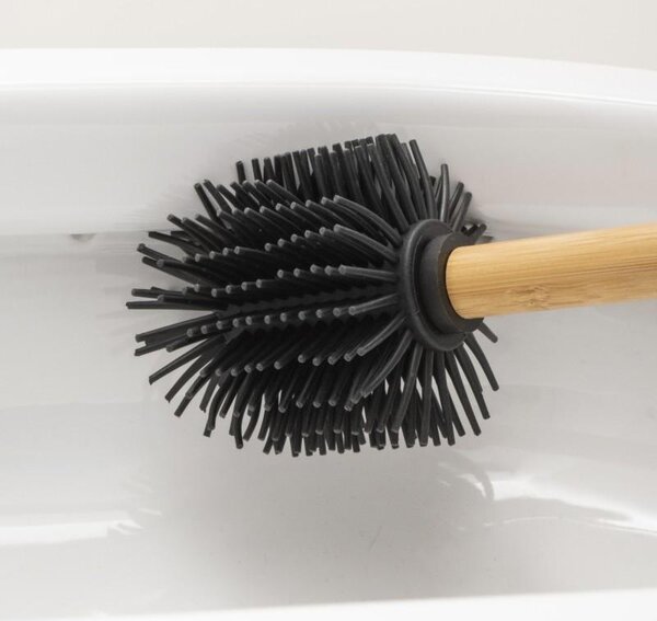 Erga Bambo, perie de toaletă cu cap din silicon și mâner din bambus, 34 cm, negru / bambus, ERG-YKA-V.WCZ BAMBO-SILKA