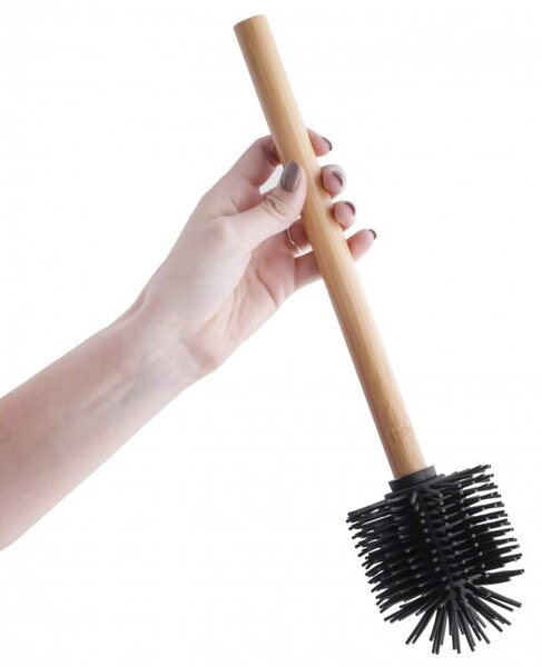 Erga Bambo, perie de toaletă cu cap din silicon și mâner din bambus, 34 cm, negru / bambus, ERG-YKA-V.WCZ BAMBO-SILKA