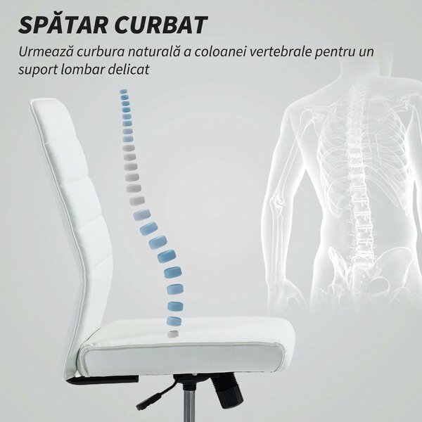 HOMCOM Scaun de Birou Ergonomic și Reglabil cu Spătar Curbat, din Piele PU și Oțel, 58x53x97-107 cm, Alb | Aosom Romania