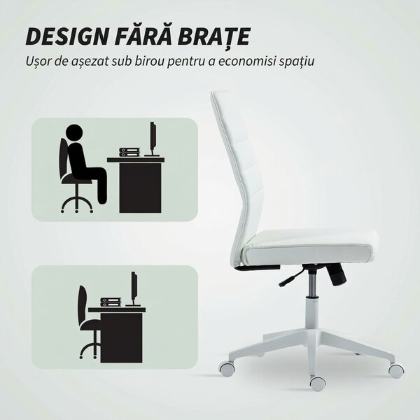 HOMCOM Scaun de Birou Ergonomic și Reglabil cu Spătar Curbat, din Piele PU și Oțel, 58x53x97-107 cm, Alb | Aosom Romania