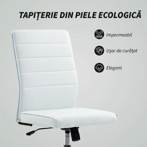 HOMCOM Scaun de Birou Ergonomic și Reglabil cu Spătar Curbat, din Piele PU și Oțel, 58x53x97-107 cm, Alb | Aosom Romania