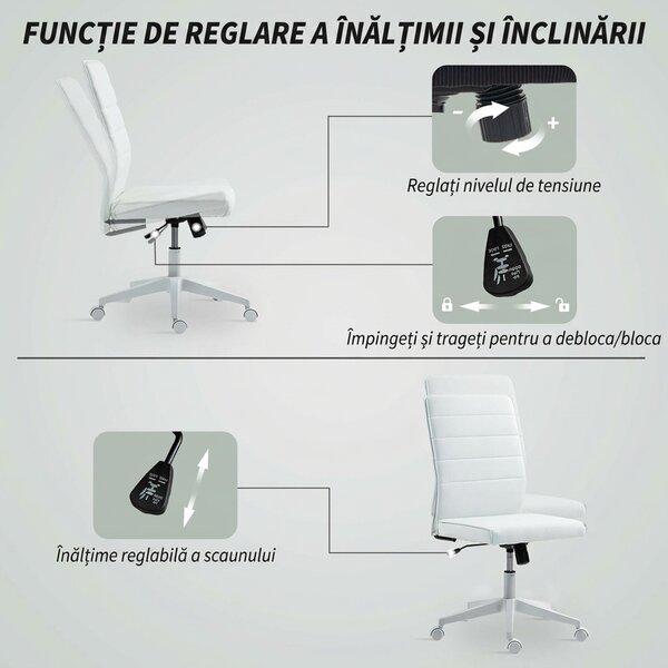 HOMCOM Scaun de Birou Ergonomic și Reglabil cu Spătar Curbat, din Piele PU și Oțel, 58x53x97-107 cm, Alb | Aosom Romania