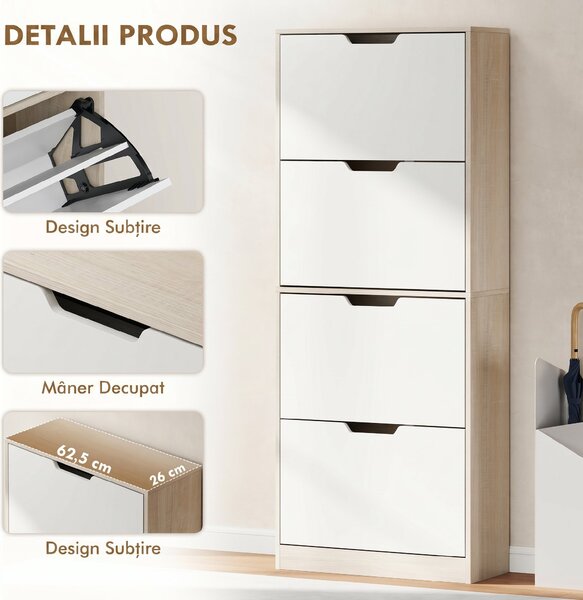 HOMCOM Dulap Subțire pentru Pantofi cu 4 Sertare pentru 16 de Perechi de Pantofi 62.5x26x156 cm, Culoare Lemn și Alb | Aosom Romania