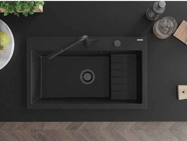 Mexen Omar, chiuveta granit cu 1 camera 800x480x210 mm, negru-argintiu metalic, sifon grafit, 6520801005-73-B