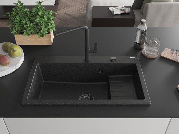 Mexen Omar, chiuveta granit cu 1 camera 800x480x210 mm, negru-argintiu metalic, sifon grafit, 6520801005-73-B