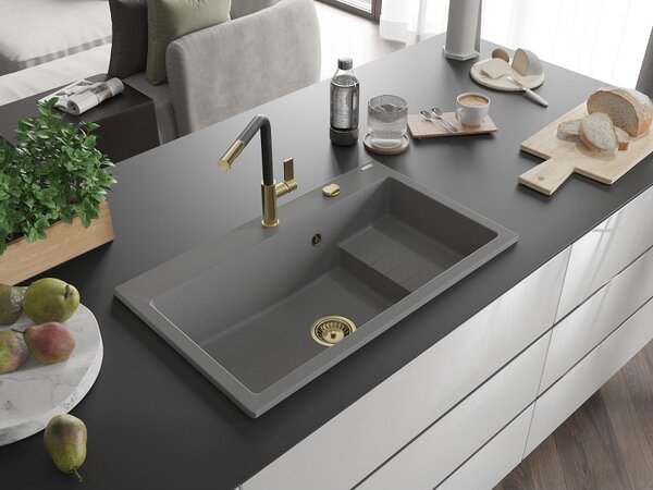 Mexen Omar, chiuveta granit cu 1 camera 800x480x210 mm, gri, sifon auriu, 6520801005-71-G