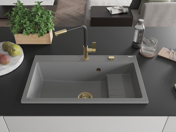 Mexen Omar, chiuveta granit cu 1 camera 800x480x210 mm, gri, sifon auriu, 6520801005-71-G