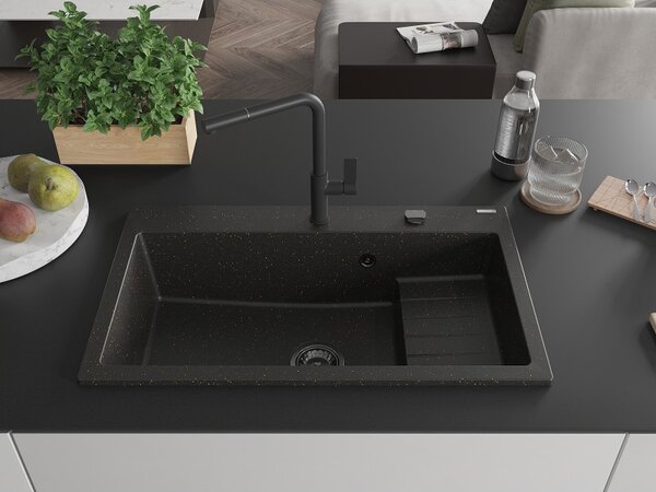 Mexen Omar, chiuveta granit cu 1 camera 800x480x210 mm, negru-auriu metalic, sifon grafit, 6520801005-75-B