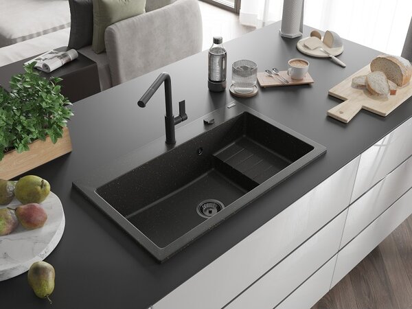 Mexen Omar, chiuveta granit cu 1 camera 800x480x210 mm, negru-auriu metalic, sifon grafit, 6520801005-75-B