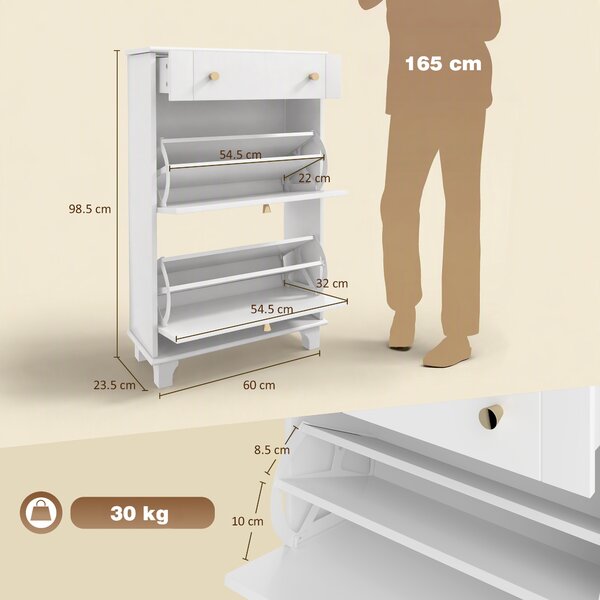 HOMCOM Dulap Pantofi Slim cu 2 Uși, Sertar, Rafturi Reglabile, 8 Perechi, MDF, PAL, 60 x 23,5 x 98,5 cm, Alb | Aosom Romania
