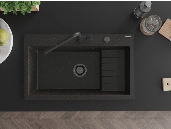 Mexen Omar, chiuveta granit cu 1 camera 800x480x210 mm, negru-auriu metalic, sifon grafit, 6520801005-75-B