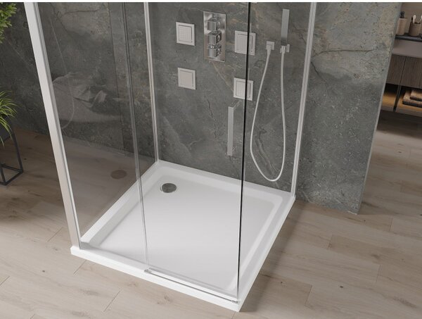 Mexen Omega, cabină de duș cu 3 pereți cu ușă glisantă 100 (uşă) x 100 (perete) x 190 cm, sticlă transparentă de 8 mm, profil crom + cadă de duș SLIM albă, 825-100-100-01-00-3s-4010