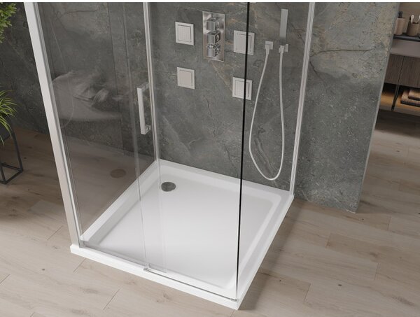 Mexen Omega, cabină de duș cu 3 pereți cu ușă glisantă 100 (uşă) x 100 (perete) x 190 cm, sticlă transparentă de 8 mm, profil crom + cadă de duș SLIM albă, 825-100-100-01-00-3s-4010