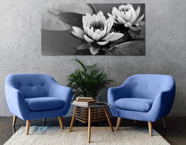 Tablou floare de lotus pe apă alb-negru