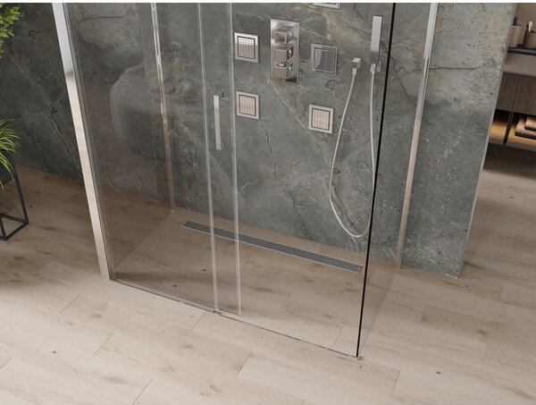 Mexen Omega, cabină de duș cu 3 pereți cu ușă glisantă 140 (uşă) x 80 (perete) cm, sticlă transparentă de 8 mm, profil cromat, 825-140-080-01-00-3S