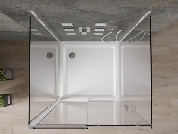 Mexen Omega, cabină de duș cu 3 pereți cu ușă glisantă 100 (uşă) x 100 (perete) x 190 cm, sticlă transparentă de 8 mm, profil crom + cadă de duș SLIM albă, 825-100-100-01-00-3s-4010