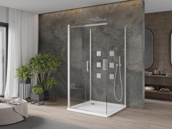 Mexen Omega, cabină de duș cu 3 pereți cu ușă glisantă 100 (uşă) x 100 (perete) x 190 cm, sticlă transparentă de 8 mm, profil crom + cadă de duș SLIM albă, 825-100-100-01-00-3s-4010