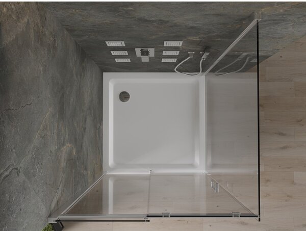 Mexen Omega, cabină de duș cu ușă glisantă 100 (uşă) x 100 (perete) cm, sticlă transparentă 8 mm, profil crom + cadă de duș subțire 5 cm, 825-100-100-01-00-4010