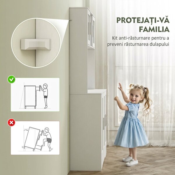 HOMCOM Dulap Bucătărie de 180cm, Dulap Înalt cu 4 Compartimente, Uși din Sticlă Securizată, 2 Rafturi Deschise, Rafturi Reglabile, Blat pentru Electrocasnice, pentru Bucătărie sau Living, Alb | Aosom Romania