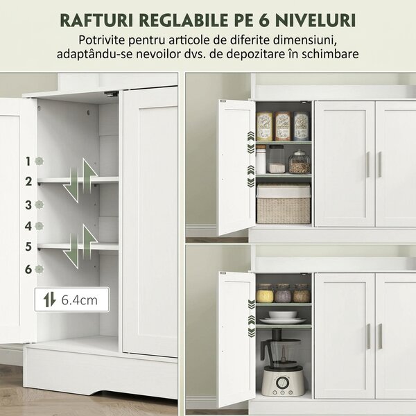 HOMCOM Dulap Bucătărie de 180cm, Dulap Înalt cu 4 Compartimente, Uși din Sticlă Securizată, 2 Rafturi Deschise, Rafturi Reglabile, Blat pentru Electrocasnice, pentru Bucătărie sau Living, Alb | Aosom Romania