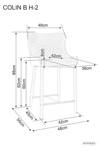 Scaun bar COLIN B H-2, gri/negru mat, stofa catifelata/metal, 48x42x88